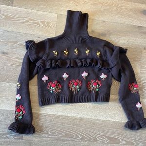 Zara Ruffle Embroidered Knit Turtleneck sweater